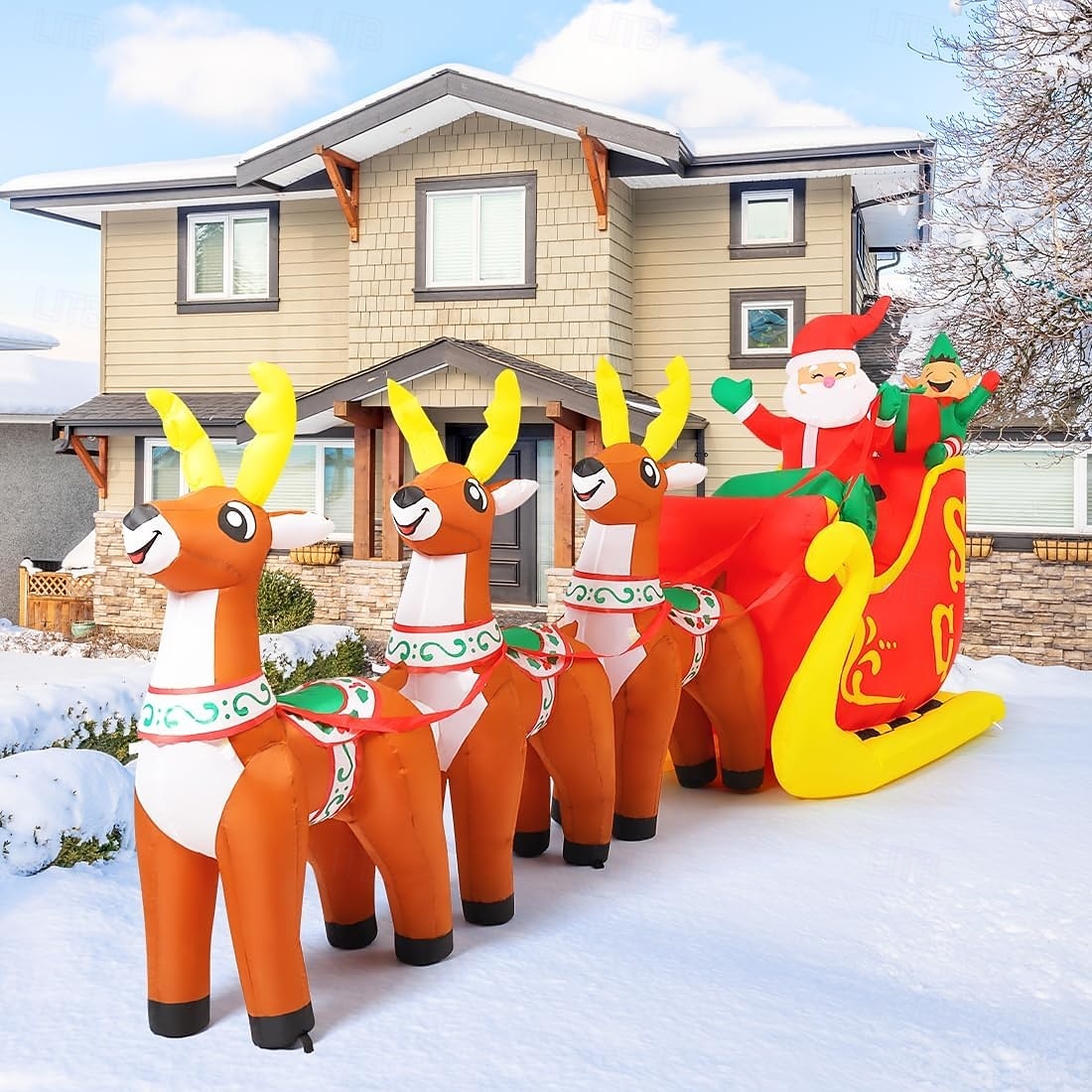 2026年 12FT 照明付きのSanta Clausとそり、3頭のトナカイ付きの屋外装飾ホリデーデコレーション、パーティー、庭、芝生用  コレクション – $170.99 –P3
