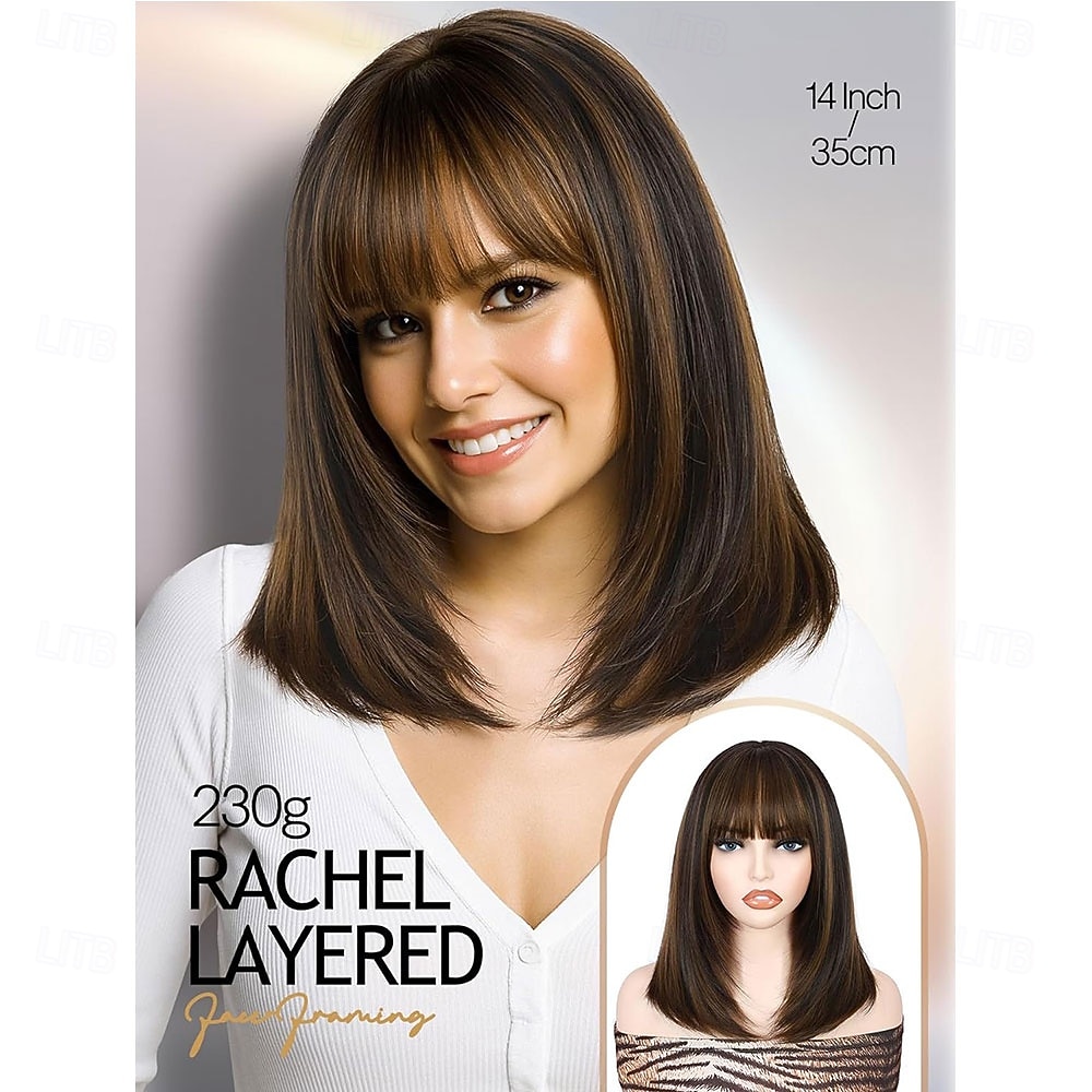 Highlight gelaagde pruiken met pony 14 inch kort gemengd bruin lijmloos kant-en-klare rechte synthetische bobpruiken voor vrouwen realistische hoofdhuid dagelijks cosplaygebruik 2026 - $21.99 –P4