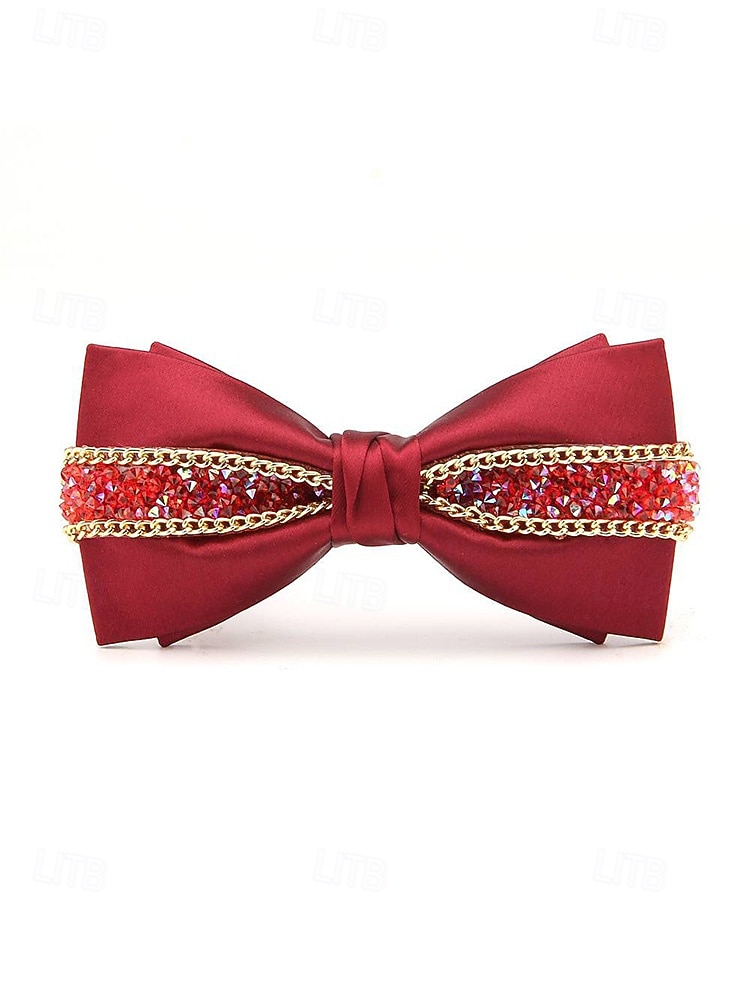 Papion de Crăciun pentru bărbați – papion din satin roșu, negru și alb cu detalii din cristale și lanț auriu – accesoriu elegant de sărbătoare pentru evenimente formale 2026 - $11.99 –P6