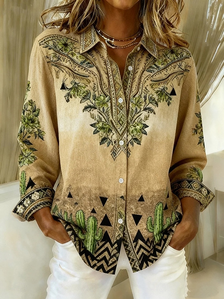 Damen Hemd Bluse Patchwork Knöpfe Druck Grafik Geometrisch Abstrakt Vintage Stilvoll Modern Langarm Hemdkragen Normale Oberteile Täglich Blau Braun Grün Khaki Herbst Winter 2026 - $32.99 –P3