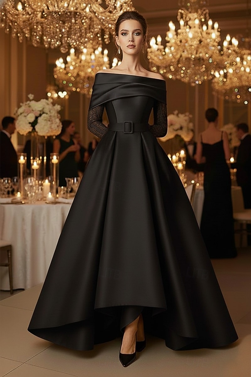 Corte A Hasta el Suelo Vestidos de noche Corte Cenicienta Vestimenta formal Elegante Sedoso Manga Larga Hombros Caídos Boda Formal Bolsillo Satén Satén elástico con Plisado Cuentas 2026 - $206.99 –P4