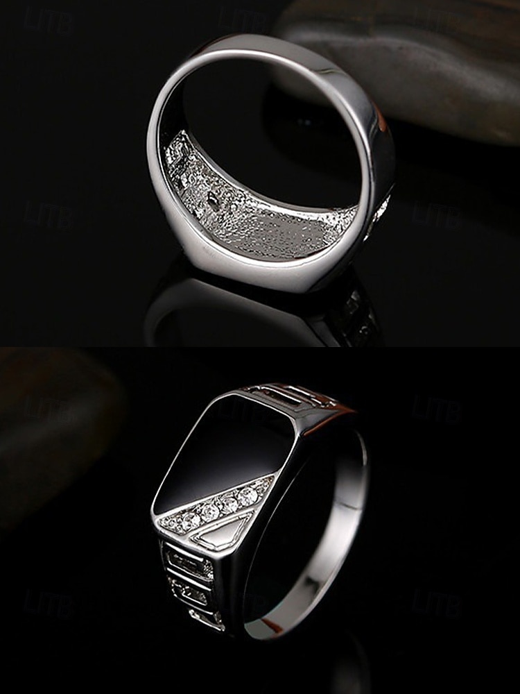 Herrering i legering med svart onyx og zirkondetaljer, vintage geometrisk statement-smykke for fester, bryllup og hverdagsbruk 2026 - $8.99 –P4
