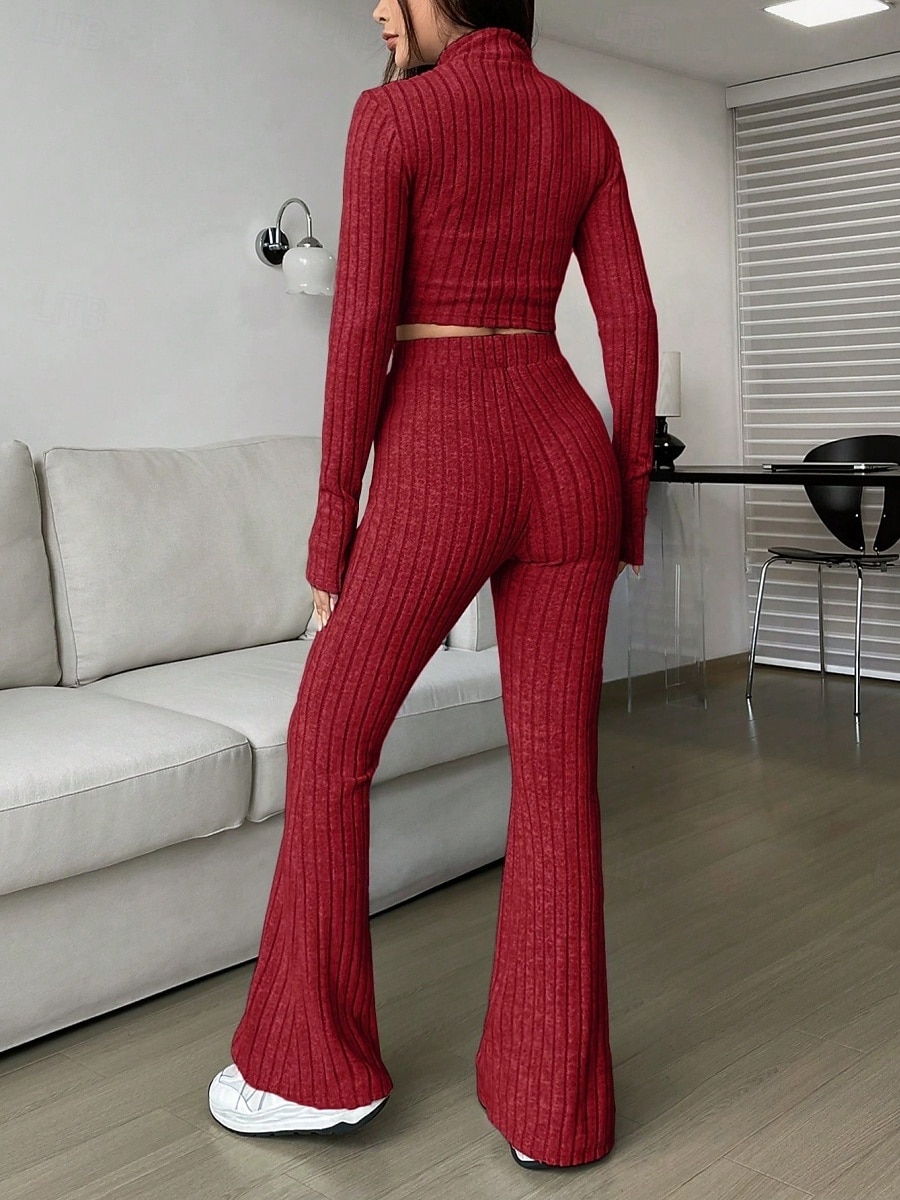 Women's Pants Sets Bolero Top Long Sleeve Shirt Collar Solid Color Zipper Fashion Streetwear Casual Daily Outdoor Black Wine Camel Spring Slim 2026 - $32.99 –P7