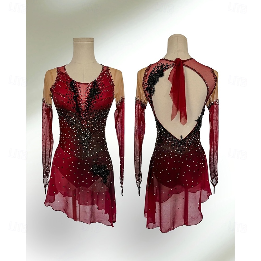 Eiskunstlaufkleid Damen Mädchen Eislaufen Kleid Schwarz Rrot Patchwork Daumenloch Spandex Netzstoff Hohe Elastizität Training Wettbewerb Eiskunstlaufkleidung Klassisch Kristall / Strass Langarm 2026 - $359.39 –P1