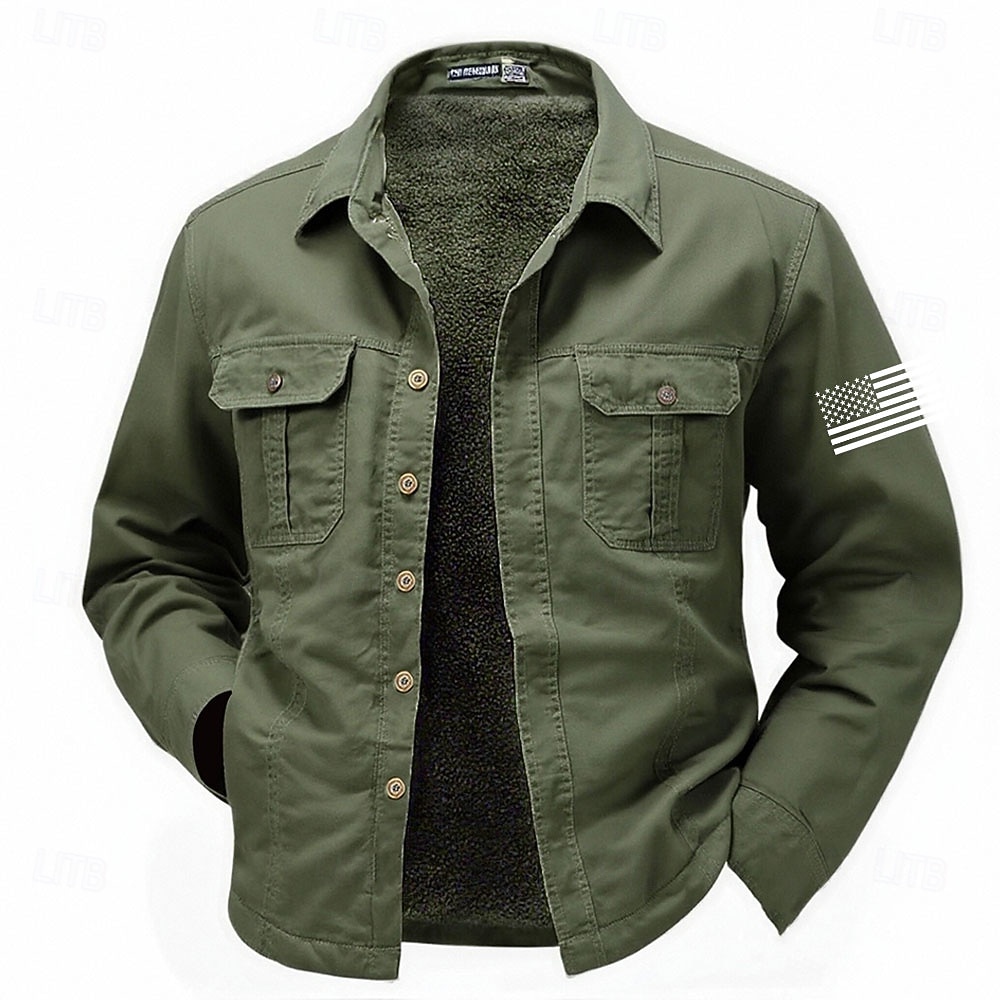 Men's US Flag Patriotic Western Shirt Cargo Shirt Cowboy Shirt Long Sleeve Military Outdoor Casual WorkWear Fall Winter Turndown Fleece Lined Cotton Button Up Shirts Black Army Green Khaki 2026 - $34.99 –P2