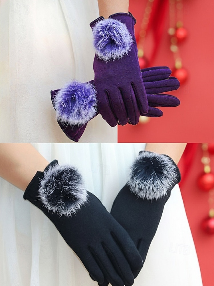 Guantes táctiles navideños para mujer con pompones de piel sintética de conejo, tejido de poliéster cálido, varios colores, perfectos para la moda de invierno y regalos navideños. 2026 - $11.99 –P7