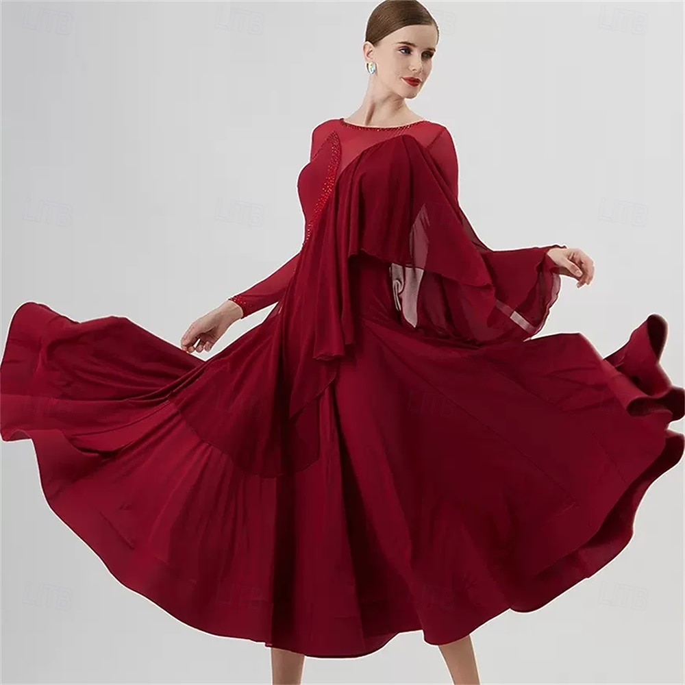 abito da ballo da sala da donna in chiffon drappeggiato, manica lunga, elegante abito da competizione per valzer, tango, foxtrot – rosso vino del 2026 a $236.09 –P1