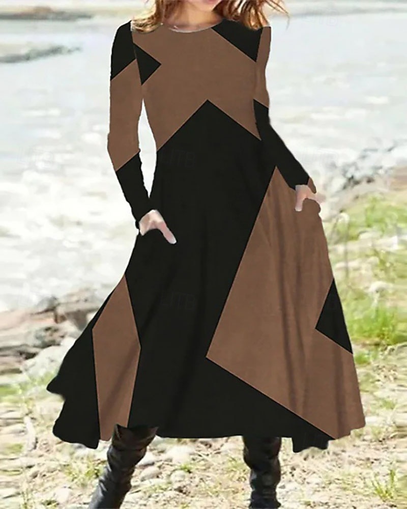 Dámské Midi šaty Šaty s potiskem Vinobraní Módní Moderní Denní Dovolená Jdeme ven Běžný Geometrický Dlouhý rukáv Tričkový Fialová Hnědá Tmavě šedá Šedá Jaro Podzim Zima 2025 - $26.99 –P3