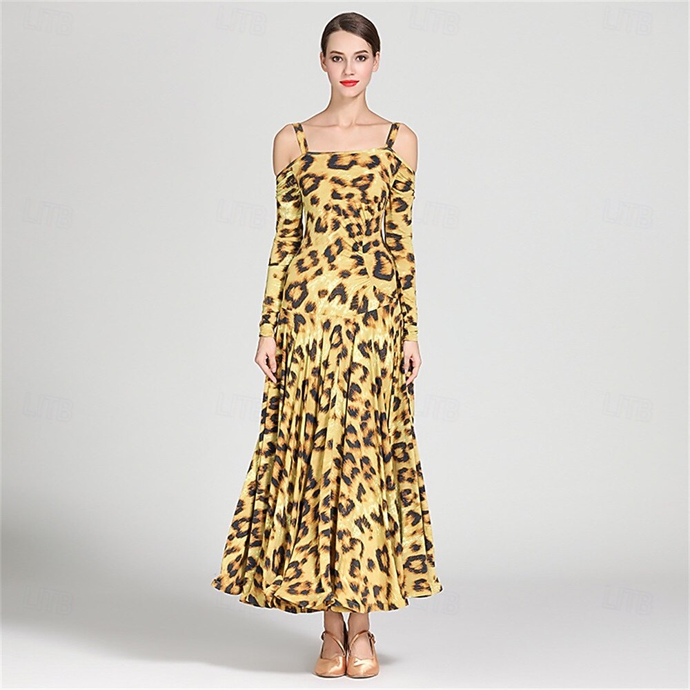 Animal Print Off-Shoulder Ballroom Dance Dress for Women - Long Sleeve A-Line Gown for Competitions, Latin, and Dance Events 2026 - $131.99 –P10