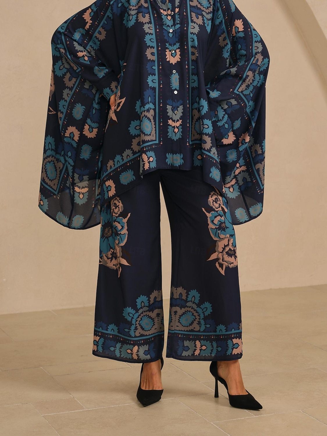 Calças femininas de pernas largas, chiffon, estampa floral havaiana étnica, cintura elástica, casual, férias, primavera, verão, outono de 2026 por $79.99 –P4