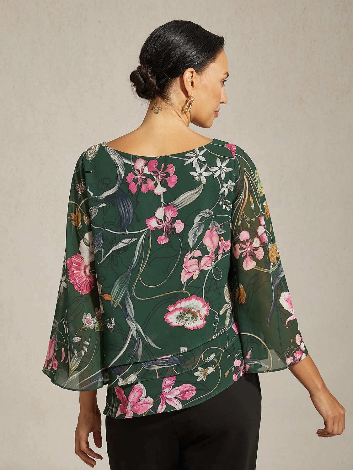damblus transparent chiffong grön blommig tryck halvärmad rund hals lager-på-lager pullover casual elegant vår sommar höst 2026 - $67.99 –P8