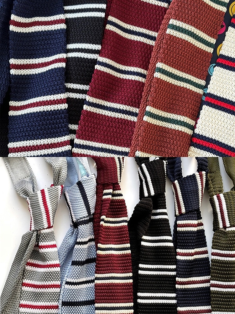 Pánská pletená pruhovaná kravata - stylová tkaná vánoční kravata s červenými, bílými a černými pruhy pro sváteční večírky a slavnostní příležitosti 2026 - $11.99 –P5