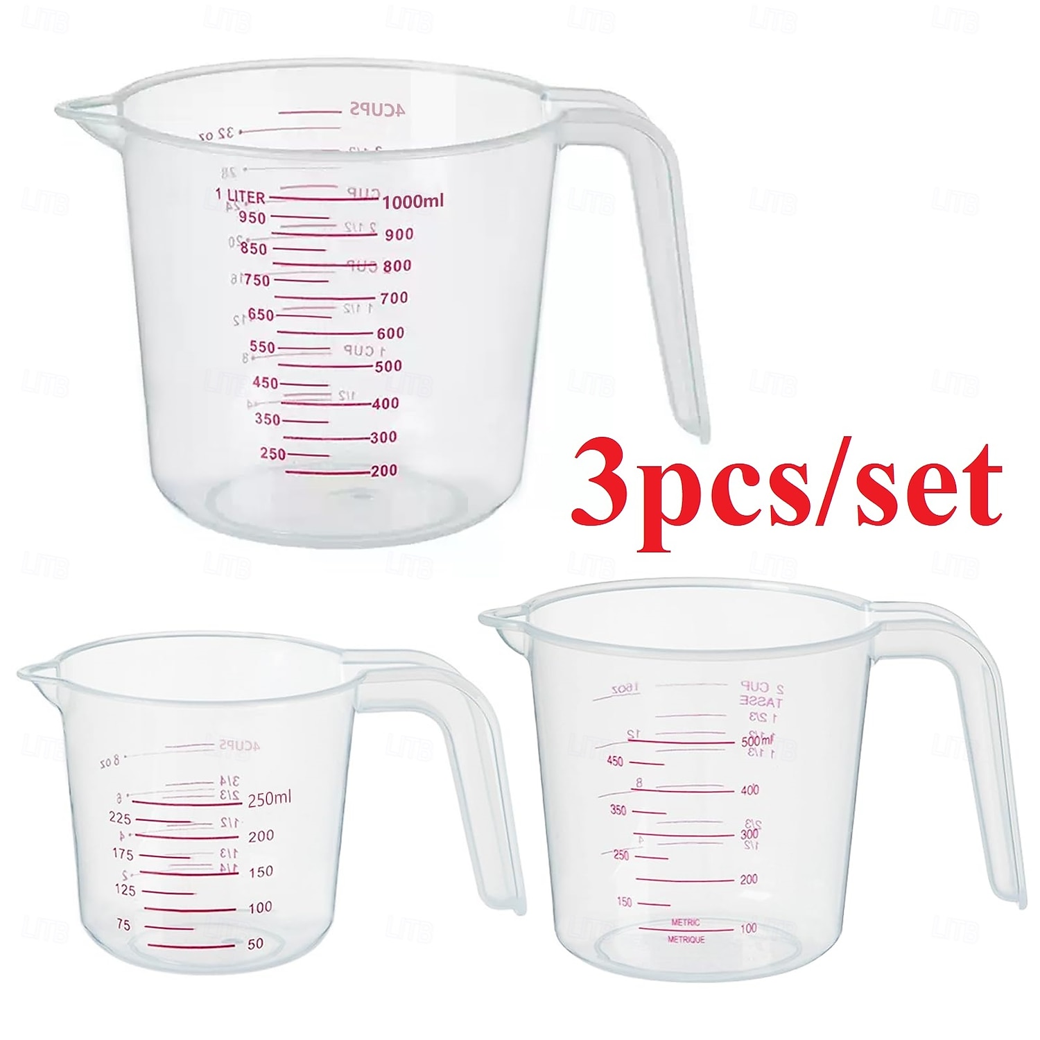 2026年 3パック計量カップセットには、250ml（1カップ）、500ml（2カップ）、1000ml（4カップ）のプラスチック液体計量カップが含まれています - ベーキング、調理、ミキシング &計量カップはキッチンに欠かせないツール  コレクション – $15.99 –P1