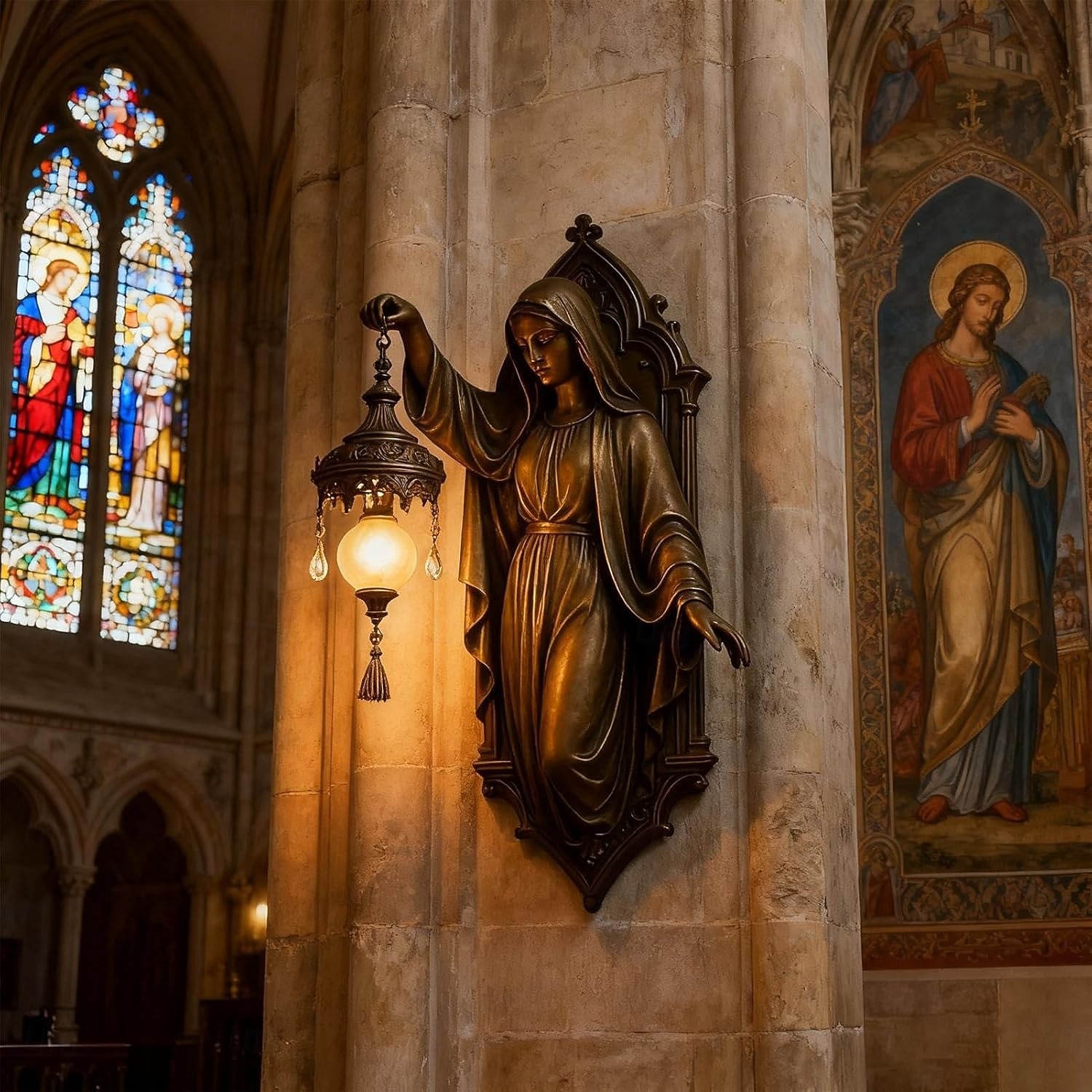 Szűz Mária fali lámpa, meleg hangulatos fény, 20 cm-es vintage gyantából készült fali lámpa, ideális karácsonyra beltéri hálószobába, fürdőszobába, folyosóra, bejárat dekorációhoz 2026 - $35.99 –P2