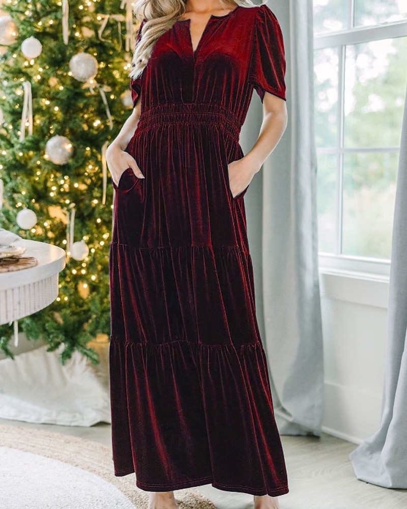 Női Midi ruha Karácsonyi ruha Bársony ruha Party ruha Koktélruha Elegáns Modern Parti Születésnap Estély Normál Sima Rövid ujjú V-alakú Bor Katonai zöld Sötétkék Sötétzöld Tavasz Ősz 2025 - $41.99 –P8