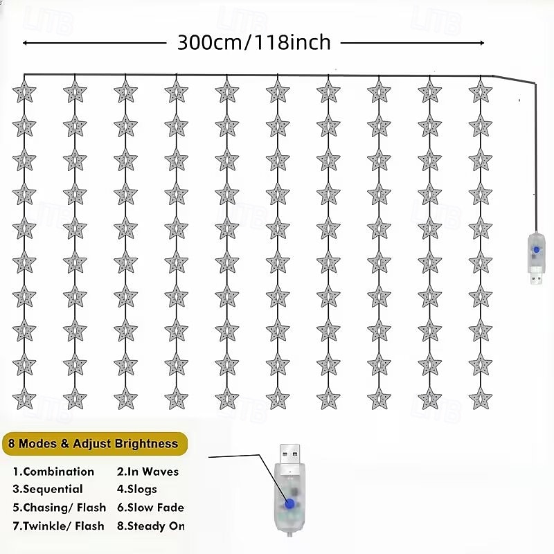 Новые светодиодные занавесные звёздные гирлянды работающие от USB с дистанционным управлением для праздничных гирлянд на террасе на заднем дворе для вечеринки многоцветное освещение 2026 - MXN $997.55 –P13