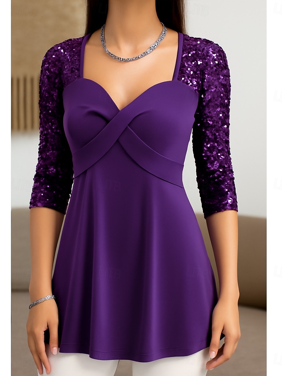 Blouse pour femme de Noël couleur unie stylée décontractée manches longues col carré tops réguliers impression quotidienne sequins patchwork noir vin violet vert printemps automne hiver de 2025 ? $42.99 –P3