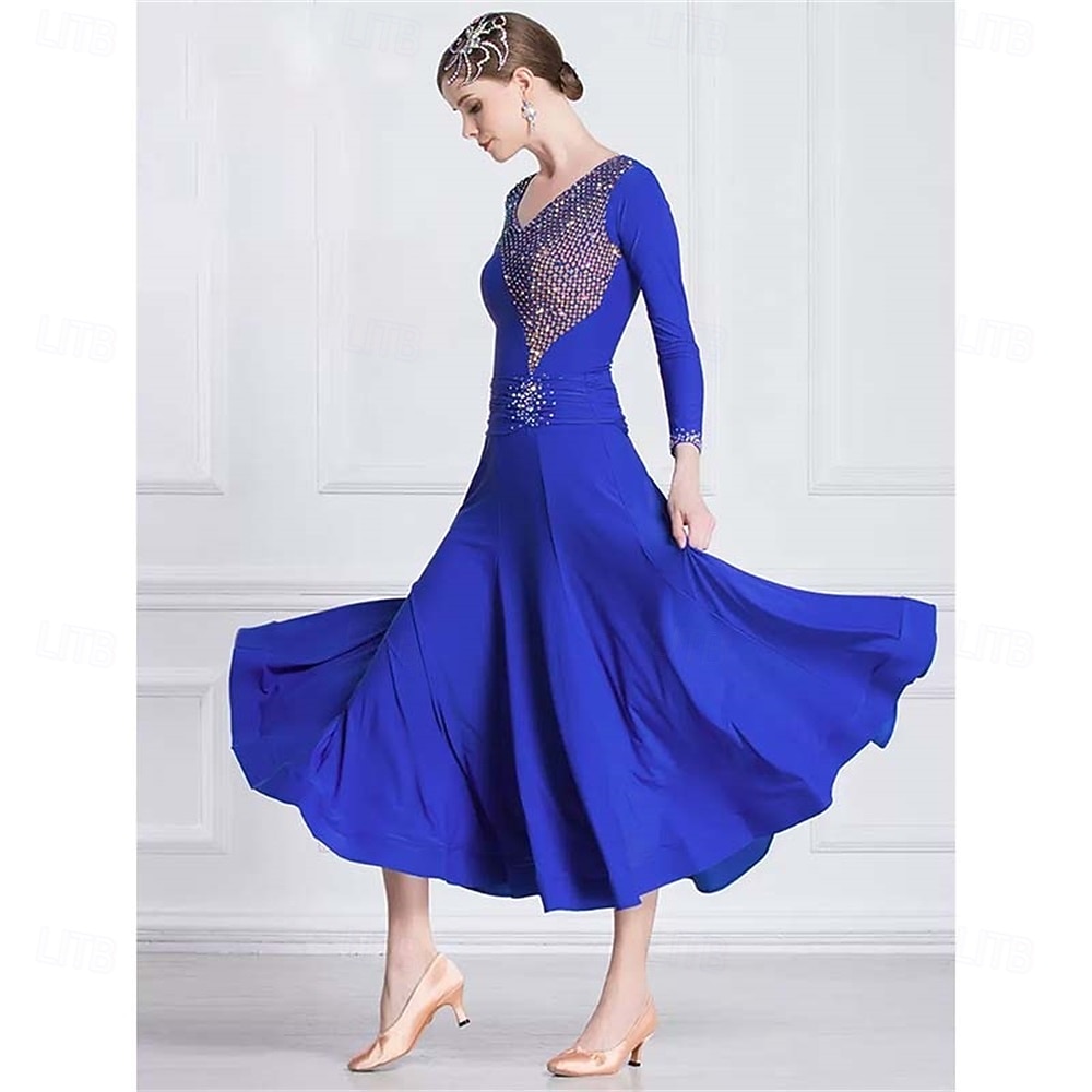 abito da ballo da sala da donna con scollo a V e maniche lunghe, strass, abito da competizione per valzer e tango, elegante gonna fluida – blu reale del 2026 a $336.79 –P1