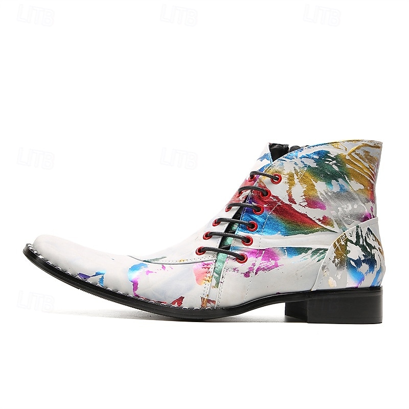 Botines de piel con efecto salpicado de pintura blanca para hombre, con cordones en la parte delantera y punta puntiaguda, botas artísticas de piel de vaca de moda para escenarios, clubes y fiestas. 2026 - $149.99 –P2