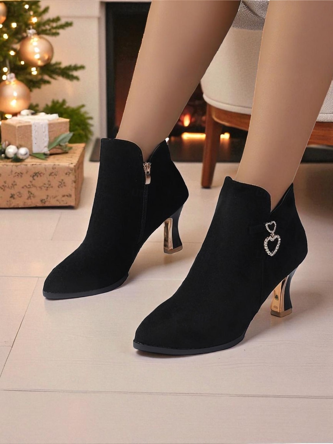 Women's Suede Ankle Boots with Rhinestone Heart Charm and Gold Heels, Elegant Pointed Toe Short Boots for Christmas Parties, Winter Outfits & Date Nights 2026 - $42.99 –P1