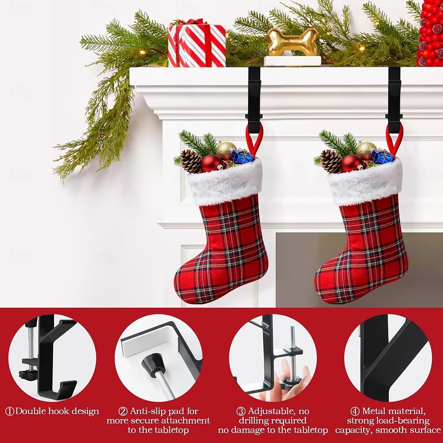4 db hosszú harisnyatartó karácsonyi dekorációhoz – 2 az 1-ben kandallópárkány és koszorútartó, állítható fém akasztók harisnyák felakasztásához, fúrás nélkül, ünnepi otthoni kiegészítő 2025 - $25.99 –P6