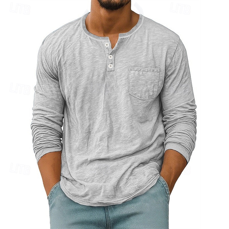 Herren T Shirt Henley Hemd T-Shirt Langarmshirt Langarm Henley Frühling Herbst Einfach Mode Designer Basic Taschen Urlaub Straße Ausgehen Schwarz Weiß Rote Top T-Shirt für Herren 2025 - $21.99 –P7