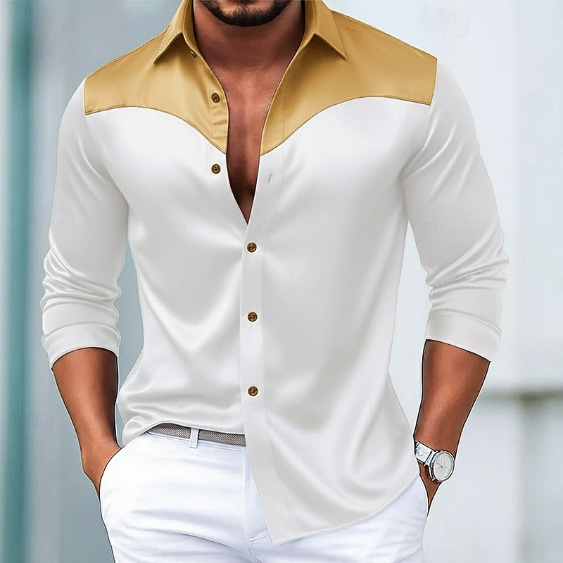 Per uomo Camicia Camicia in raso Camicia elegante Camicia casual Camicia con Bottoni Camicia da Ballo Blocco di colori Formale Matrimonio Nero Bianco Vino Blu marino Manica Lunga Bavero Primavera del 2025 a $23.99 –P1