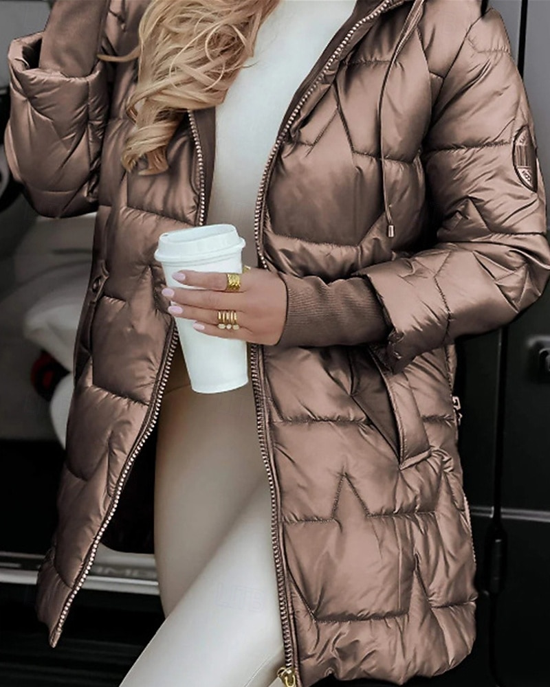 Women's Down Jacket Puffer Jacket Quilted Jacket Warm Comfortable Zipper Pocket Fashion Casual Plain Street Daily Wear Going out Zipper Regular Hooded Regular Fit Long Sleeve Outerwear Black 2026 - $31.99 –P11