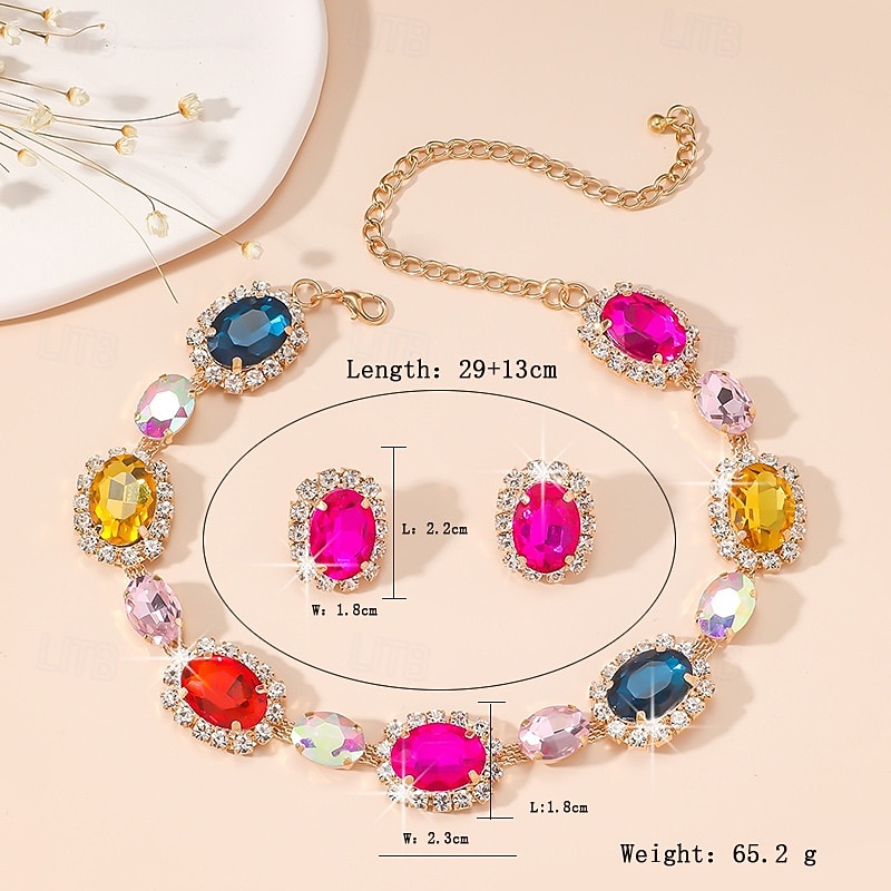 Naisten värikäs kristallikorusetti, kimalteleva strassi kaulakoru ja korvakorusetti juhliin, häihin &iltatilaisuudet, ylelliset asusteet 2025 - $18.99 –P1
