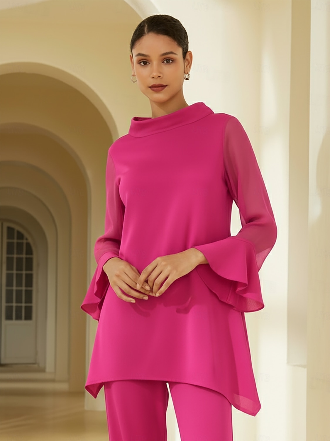 блузка для отдыха из шифона с эластичным трикотажем и прозрачными рукавами 2026 - $72.99 –P1