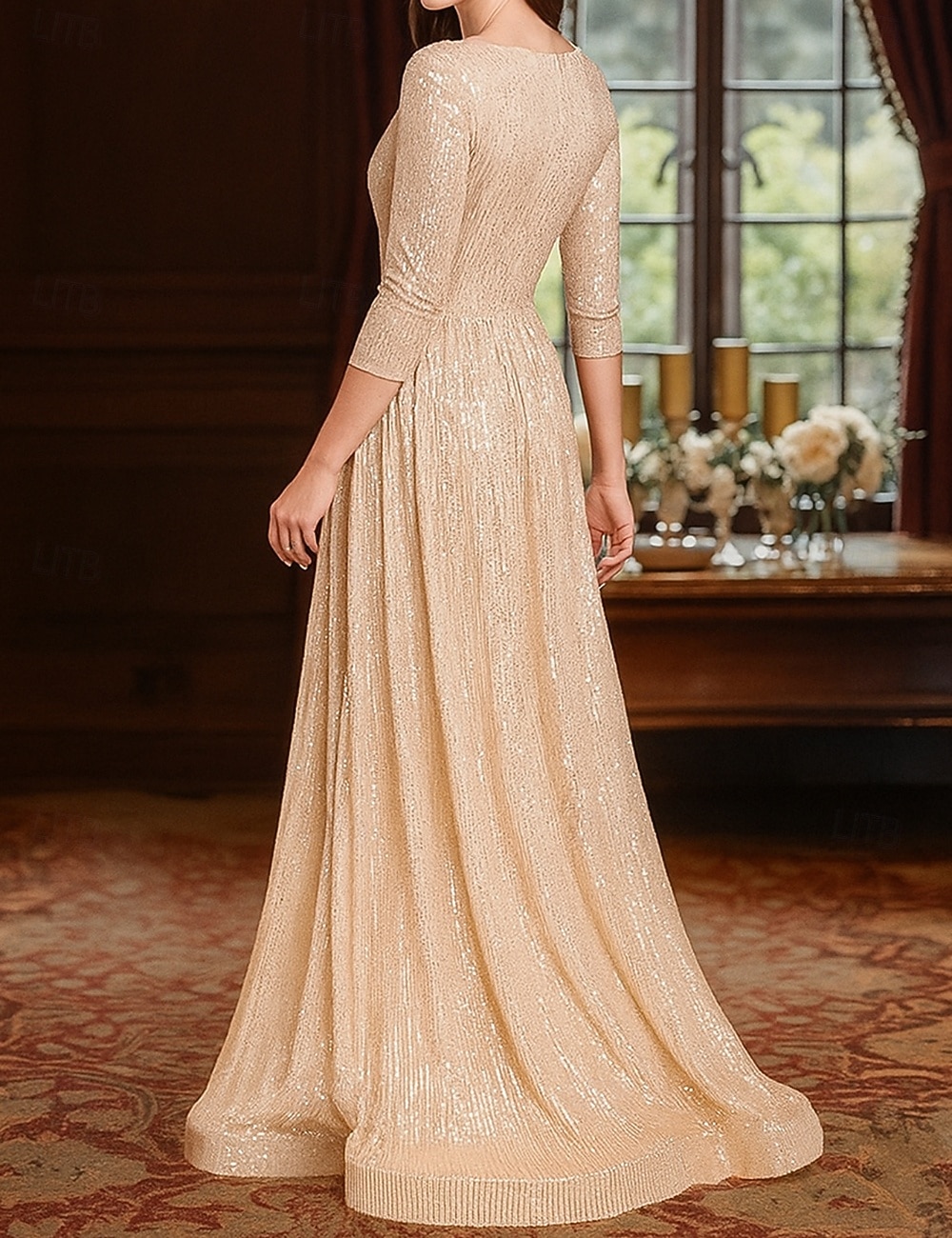 2026年 Ａライン フロア丈 ウェディングゲストドレス フォーマルドレス イブニングガウン マダムドS 七分袖 Ｖネック エレガント パーティー 豪華 祝日 カクテルパーティー フォーマルイブニング チュール 〜と プリーツ スパンコール  コレクション – $98.99 –P2