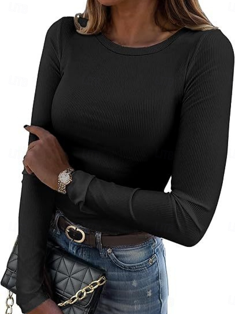 Damen Bluse Einfarbig Elegant Stilvoll Basic Langarm Rundhalsausschnitt Normale Oberteile Täglich Blau Schwarz Rosa Braun Beige Frühling Herbst Winter 2026 - $14.99 –P1