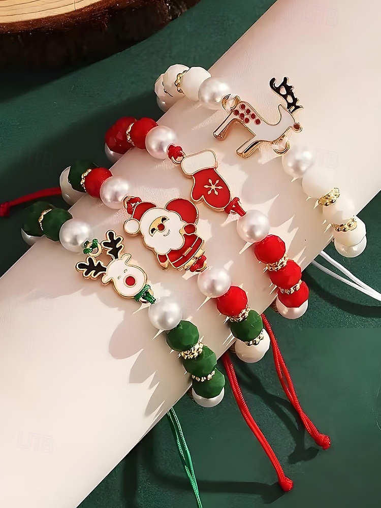 Женский рождественский браслет из бисера с подвесками в виде Санты, оленей и снеговика, красно-зеленые эластичные браслеты с жемчугом, праздничный подарок на праздник для нее 2025 - $3.99 –P2