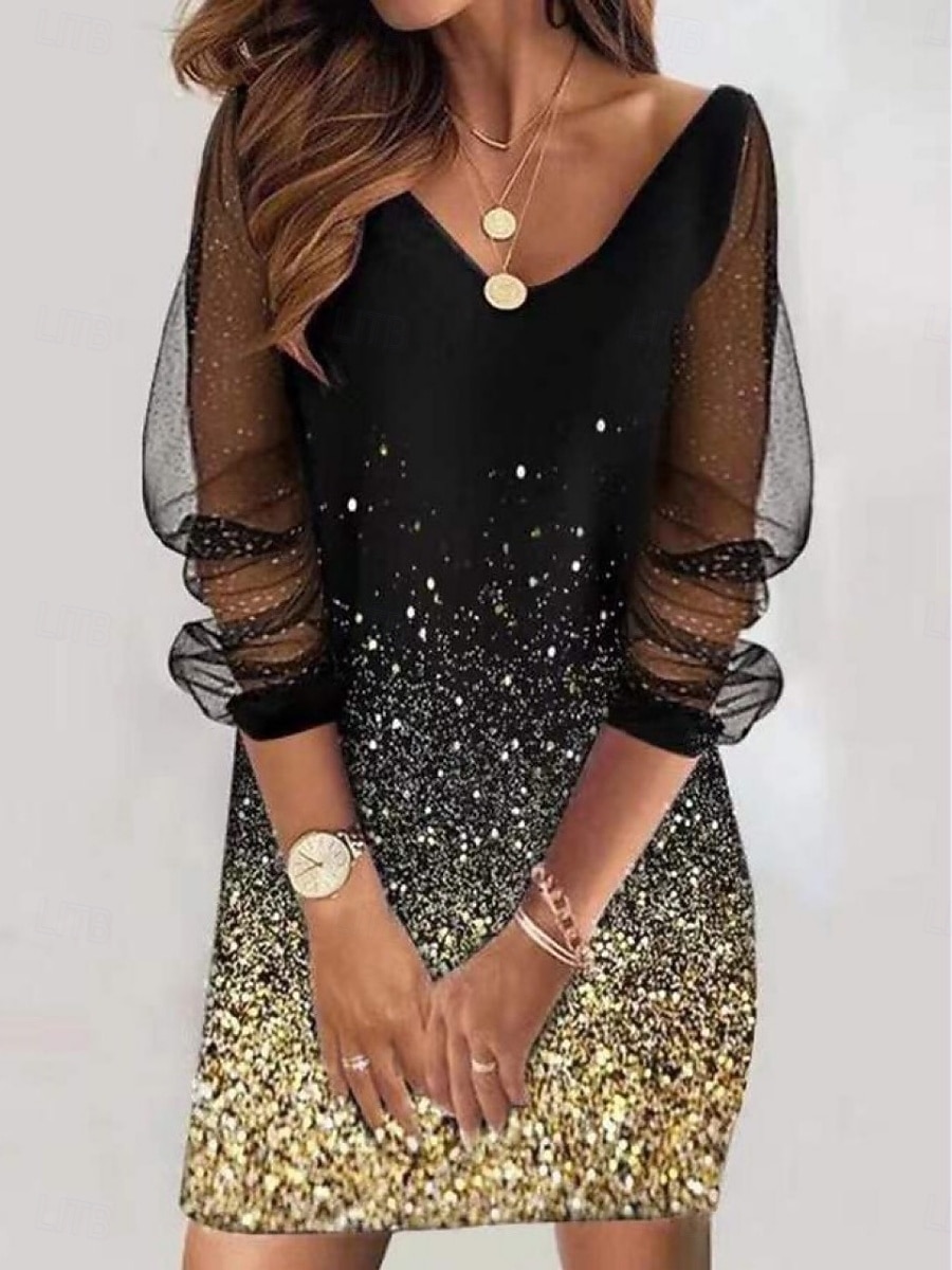 Dames Mini-jurk Hemdjurk Casual Dagelijks Feestdagen Normale pasvorm Ombre Bloemig Vlinder Lange mouw V-hals Zwart Wit Paars Goud Lente Herfst 2026 - $21.99 –P3
