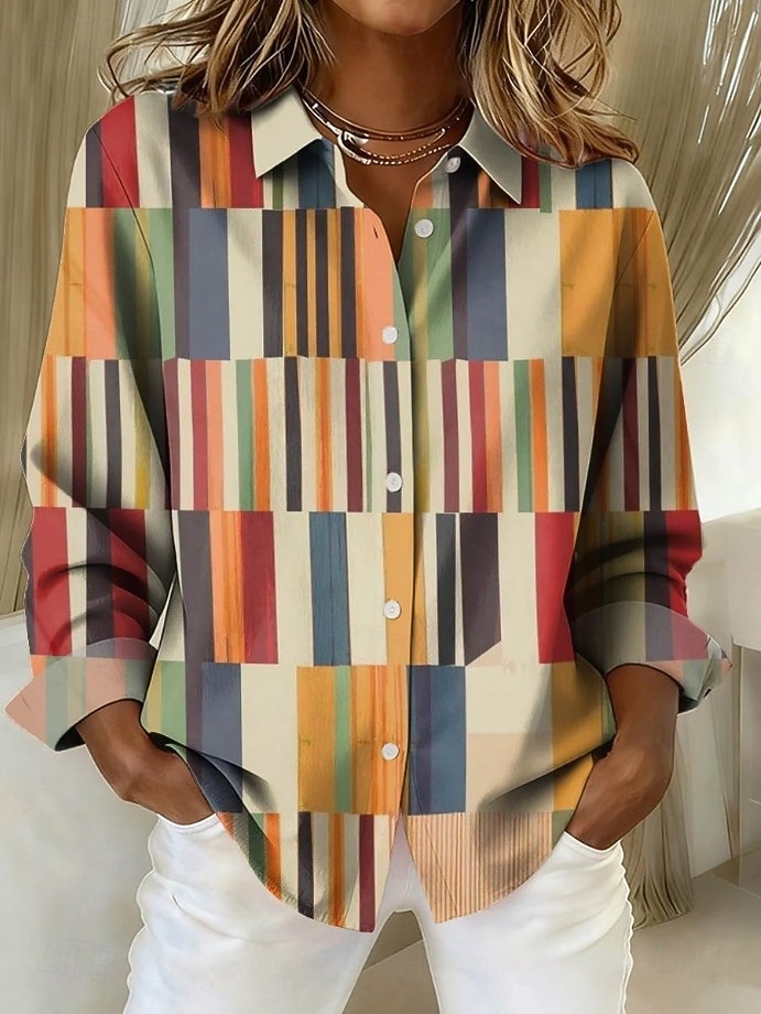 Жен. Рубашка Блуза Пэчворк Пуговицы С принтом Графика Геометрический принт В клетку Винтаж тропический Повседневные Длинный рукав Рубашечный воротник Обычные топы Повседневные 2026 - $32.99 –P7