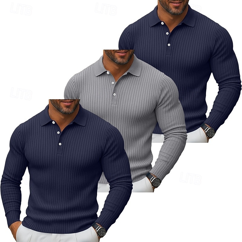 3 db-os férfi bordás kötésű felső golf pólóing többes csomag utcai lezser hajtókás hosszú ujjú alapvető modern egyszínű gombos tavasz ősz minden évszak karcsúsított bordás kötésű felső 2025 - $59.99 –P12