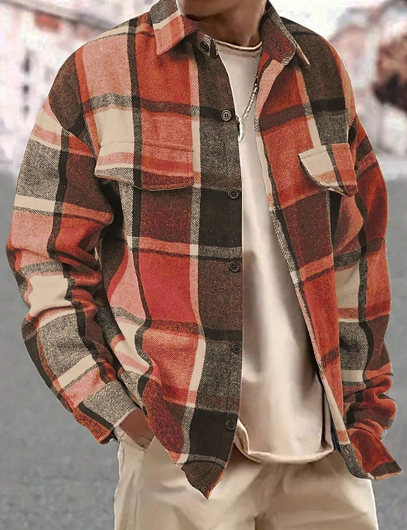 Férfi Ing Flannel ing Gombos póló Overshirt Sárga Arcpír rózsaszín Narancssárga Világos szürke Sötétszürke Hosszú ujj Kockás Térfogatcsökkenés Hétköznapi Napi Ruházat Meleg Divat 2026 - $26.99 –P8