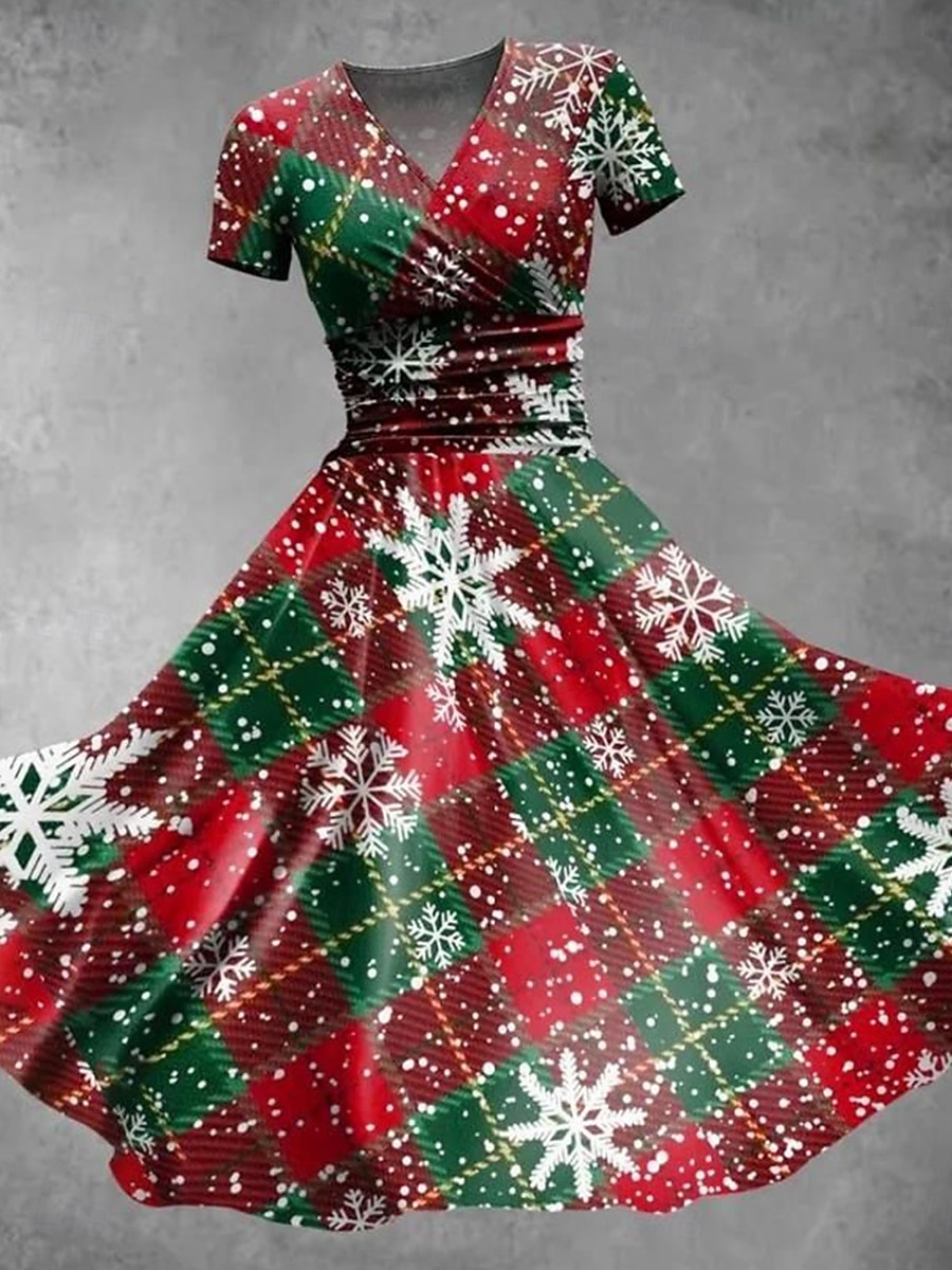 Christmas Women's Midi Dress A Line Dress Fit And Flare Dress Party Casual Daily Holiday Regular Fit Graphic Plaid Snowflake Short Sleeve V Neck Black White Red Green Fall Winter 2025 - $32.99 –P1