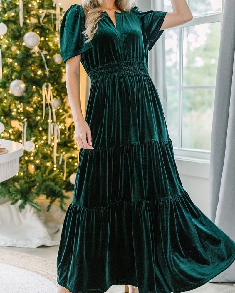 Női Midi ruha Karácsonyi ruha Bársony ruha Party ruha Koktélruha Elegáns Modern Parti Születésnap Estély Normál Sima Rövid ujjú V-alakú Bor Katonai zöld Sötétkék Sötétzöld Tavasz Ősz 2025 - $41.99 –P4