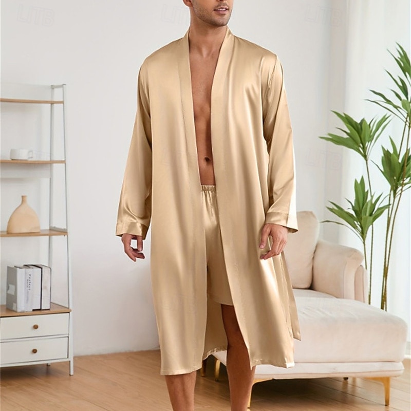 Herren Schlafanzug Seidenrobe Nachtwäsche Schlafanzug Set Einfach Mode Stilvoll Klassisch Heim Täglich Bett Polyester Komfort Weich V Ausschnitt Langarm Frühling Herbst Champagner Wein 2026 - $51.99 –P3