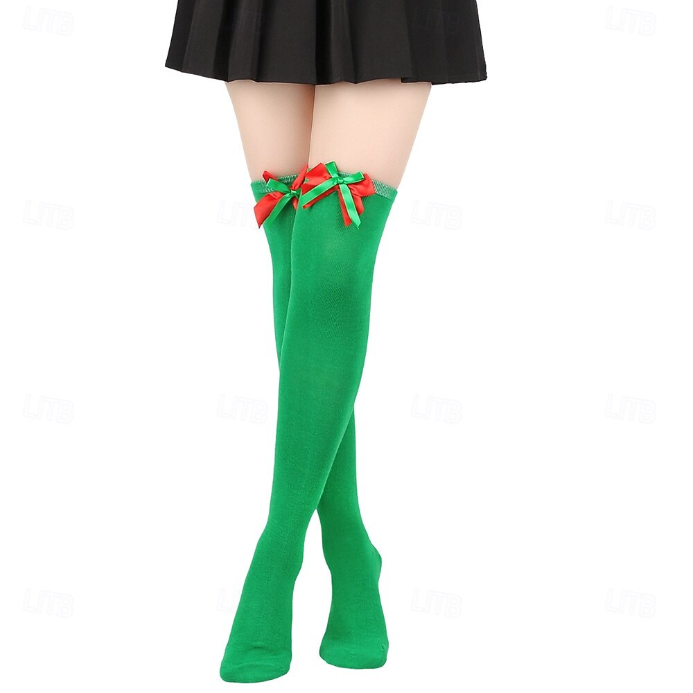 Dámské vánoční ponožky do stehen, sada 4 párů, pruhované &Jednobarevné červené sváteční punčochy s mašlemi a bambulkami, slavnostní ponožky nad kolena na zimní večírky &dárky 2026 - $18.99 –P7
