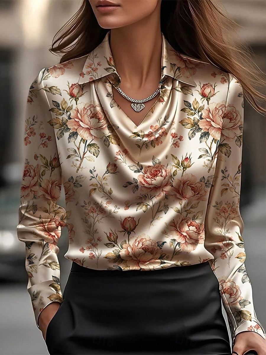 Mulheres Camisa Social Elegant Top de cetim Blusas de Seda Imprimir Com Pregas Floral Elegante à moda Casual Manga Longa Gola Boba Tops regulares Diário Trabalho Feriado Champanhe Verde Primavera de 2026 por $34.99 –P1