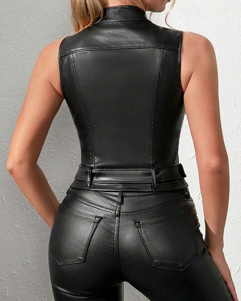 Femmes Chemisier Fermeture éclair Uni Élégant Western Sexy Sans manches Col haut Hauts courts Quotidien Fête Sortir Noir Été Printemps Automne Hiver de 2026 ? $41.99 –P3