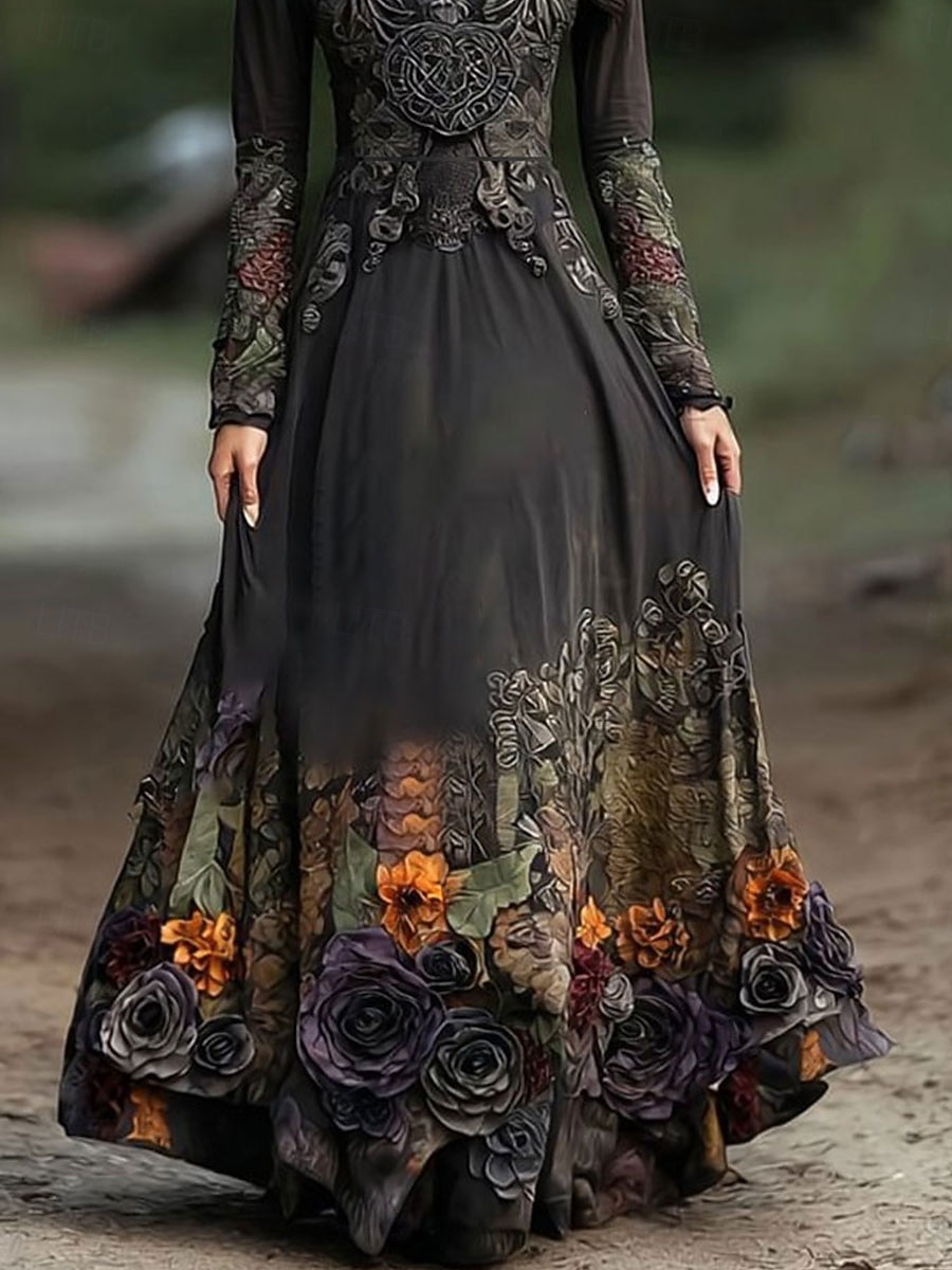 Per donna Abito maxi Abito a trapezio Abito Pieghettato Abito aderente e svasato Boho Data Vestibilità regolare Floreale Grafico Manica Lunga Scollo a V Nero Primavera Autunno Inverno del 2025 a $36.99 –P3