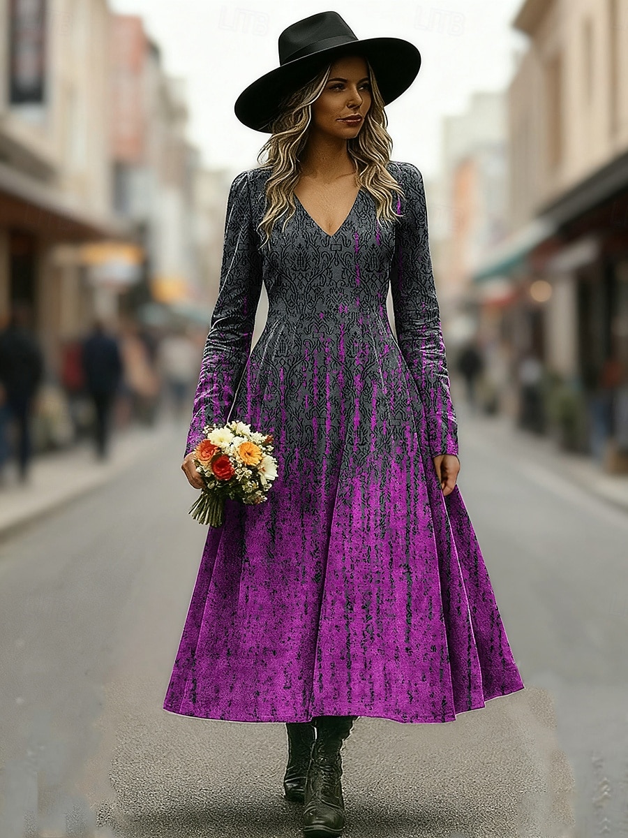 Per donna Abito Midi Abito a trapezio Vacanza Casual Quotidiano Vestibilità regolare Grafico Astratto Manica Lunga Scollo a V Blu Rosso Viola Verde Autunno Inverno del 2026 a $37.99 –P3