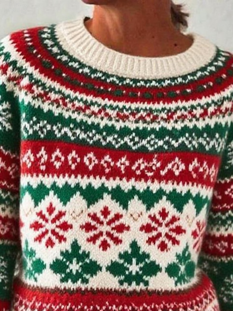 Damen Weihnachtspullover Fair Isle Pullover Pullover Vintage Täglich Lässig Blumen Gerippt Rundhalsausschnitt Gestrickt Druck Langarm Normale Oberteile Stricken Outdoor Wochenende Grün Herbst Winter 2026 - $8.99 –P2