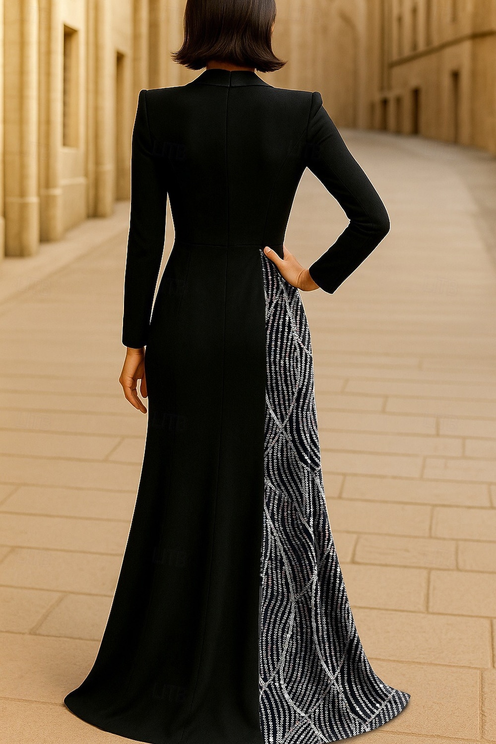 Dame Smokingkjole A-linje Skjede Bryllup Formell Paljetter Polyester / Bomull Elegant Glitrende Langermet Gulvlengde Med hakk Glidelås 2026 - $182.99 –P2