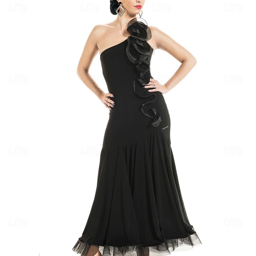 Women's Ballroom Dance Dress One Shoulder Ruffle Latin Tango Waltz Competition Performance Gown Elegant Flowing Skirt – Black 2026 - $191.99 –P1