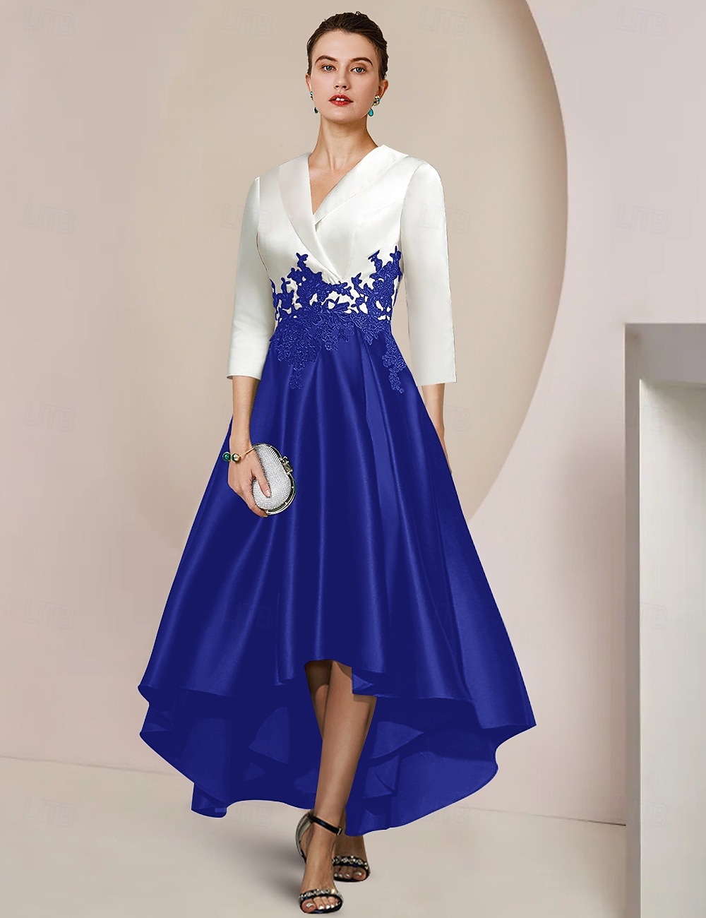 A-Linie Asymmetrisch Tee-Länge Partykleid Cocktailkleid Kleid für Hochzeitsgäste Brautmutterkleid Dreiviertelarm Hemdkragen Elegant High-Low Formell Hochzeitsgast Satin Spitze mit Applikationen 2026 - $157.99 –P8