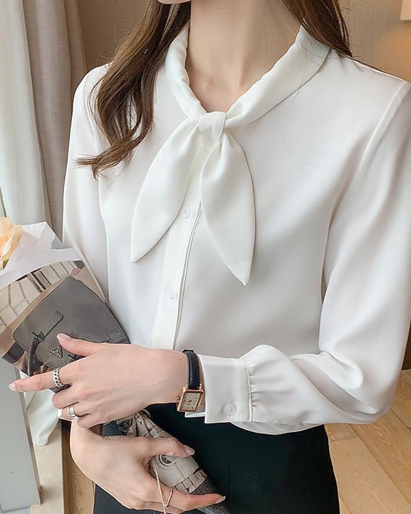 Damen Hemd Elegant Satin-Top Bluse Schleife Einfach Stilvoll Langarm Rundhalsausschnitt Normale Oberteile Ferien Ausgehen Blau Weiß Frühling Herbst 2026 - AU $50.19 –P2